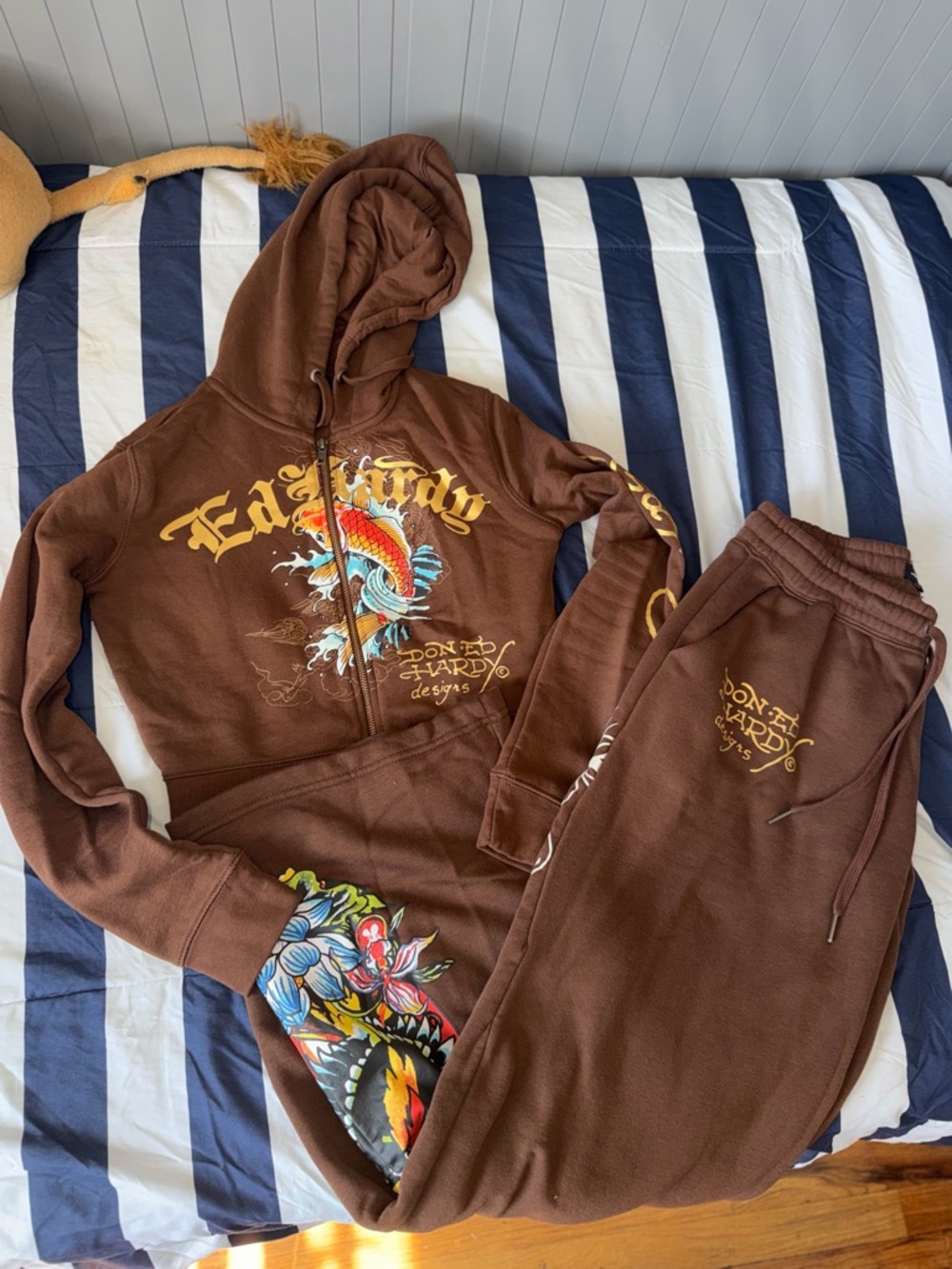 Ed Hardy Brown Hoodie and Jogger Set with Multicolor Koi Graphic